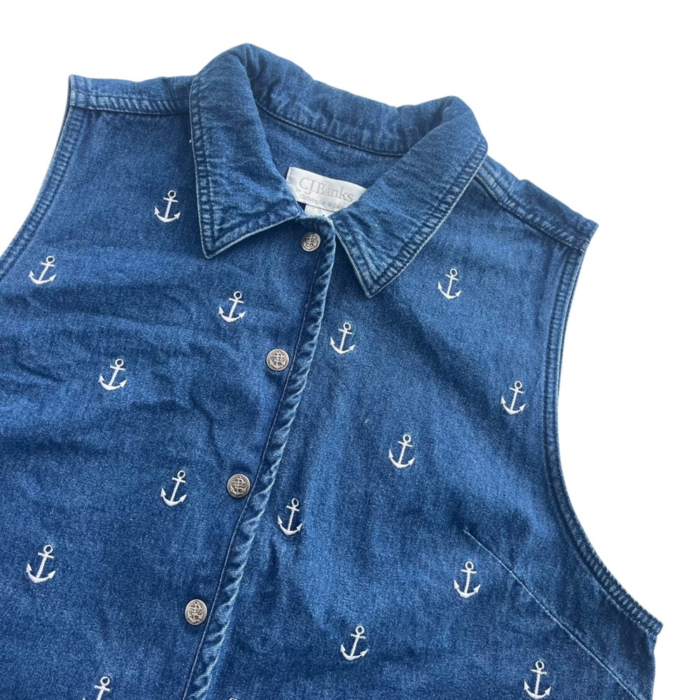 C.J. Banks Women's X Denim Embroidered Anchors Snap Collared Sleeveless Vest Y2K
